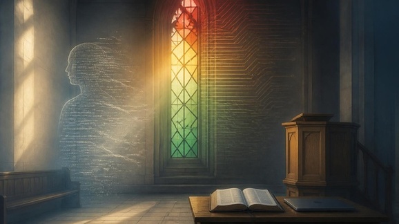Illustration générée par IA (Canva). Nef d’église baignée de lumière, où une silhouette fantomatique faite de code se dissout devant un vitrail aux tons rouge, ambre et vert.